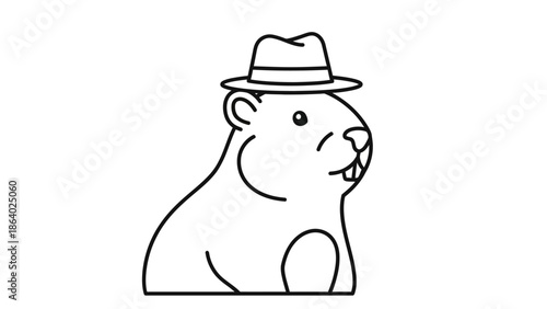 Cute cartoon beaver wearing a stylish fedora hat, black and white line art illustration.