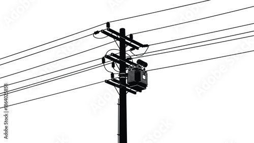 Black vector silhouette of high voltage electric utility pole with transformer and power lines, isolated on white background for design
