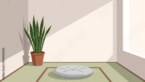 A potted plant stands beside a circular object on a green mat in a serene room interior with soft natural light from a window
