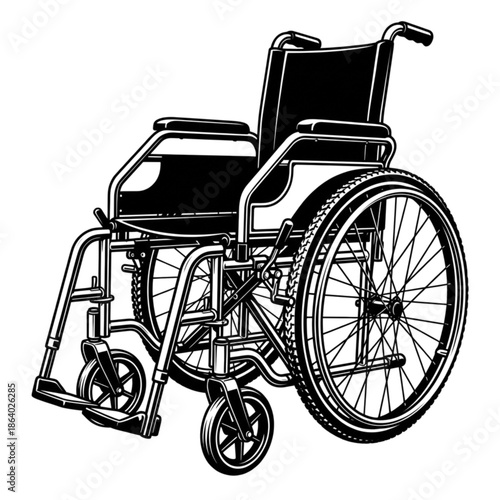 Black and White Manual Wheelchair Illustration Isolated on White Background for Medical Design