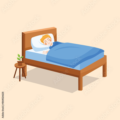 A flat illustration of a child sleeping comfortably in bed, representing rest, bedtime routine, and healthy sleep habits.