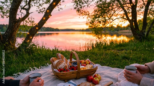 Wallpaper Mural Romantic Sunset Picnic by the Serene Lake with Fairy Lights. Torontodigital.ca