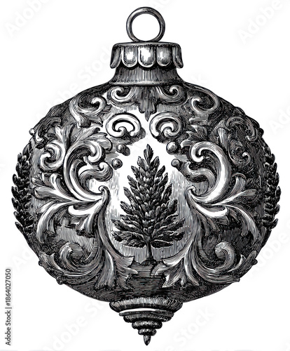 Elegant Vintage Christmas Ornament Engraving with Pine Tree: Monochrome Decorative Artwork for Holiday Designs