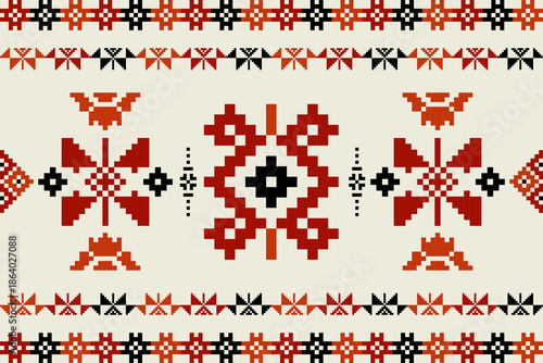 Traditional ethnic pixel art border. Use for folk-style textiles, cultural branding, greeting cards, and decorative scrapbooking. Vibrant red and black embroidery-style vector pattern