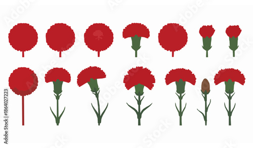 Die cut red carnation flower flat vector set for National Carnation Day isolated on white