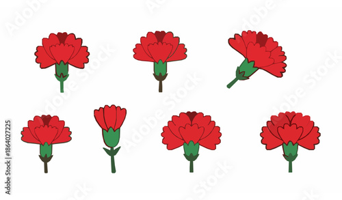Cute red carnation die cut vector collection for National Carnation Day isolated on white