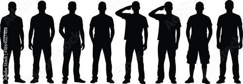 Collection of standing men silhouettes, male figures in casual clothes, saluting and waiting poses, isolated on white background, vector illustration.