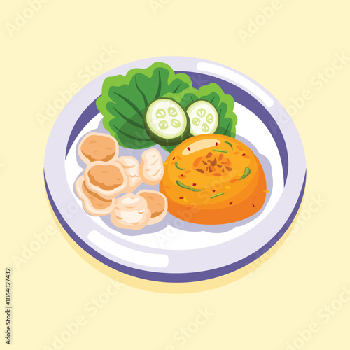 A flat illustration of Indonesian fried rice served with side dishes and fresh vegetables, suitable for food menus and culinary promotions.