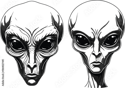 Detailed black and white vector illustration of two gray alien heads featuring large eyes for science fiction horror design concepts.
