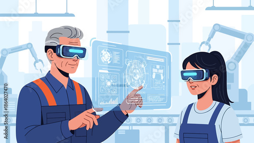 Industrial innovation diverse team using VR/AR for efficient smart factory operations