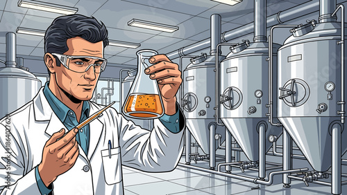 Expert Chemist Analyzing Product Quality in a Contemporary Fermentation Plant Environment