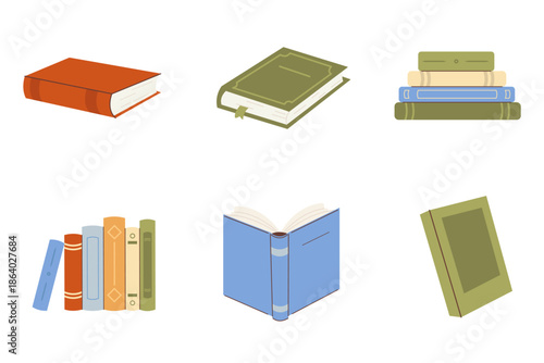 Set of illustrations with books in different positions and styles: closed books, open book, stacks of books and books standing vertically on a shelf. Hand drawn vector illustration.