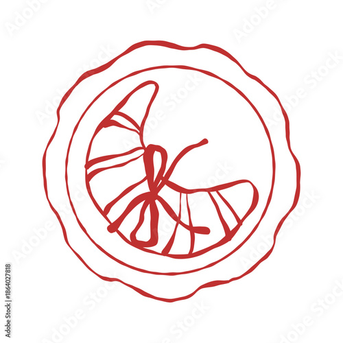 French croissant with a bow on a plate (top view). Pastry isolated on a white background. Vector outline illustration of a sweet dessert. Romantic breakfast.