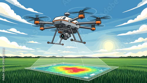 Agricultural Drone Flying Over Green Fields Performing Smart Crop Monitoring and Data Analysis