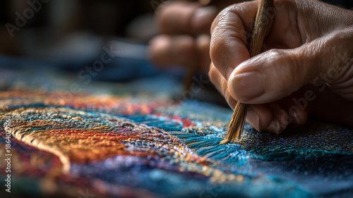 Hands carefully embroider colorful threads on the cloth.
