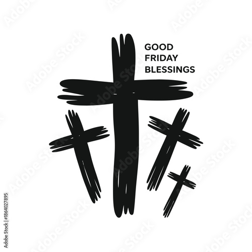 A black brushstroke illustration shows four crosses and text reading Good Friday Blessings