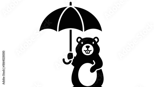 Cute cartoon groundhog holding an umbrella, black and white vector illustration for weather forecast.