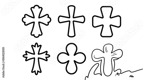 A collection of six distinct outline crosses showcasing various rounded and stylized shapes on a white background
