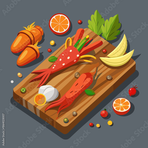 Wooden board with tasty crab sticks and different spices on grey background.