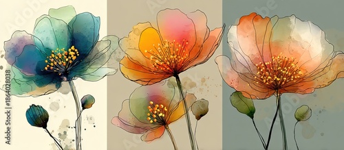 Watercolor floral artwork triptych; flowers with detailed outlines and soft color