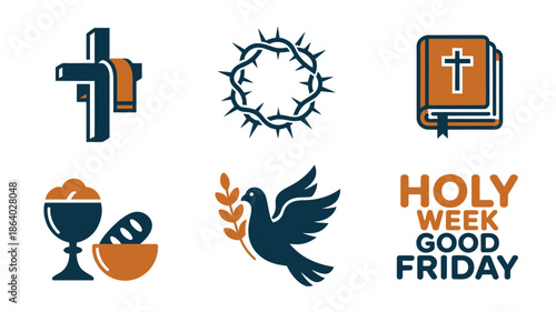 A collection of two toned modern icons and text representing key elements of Holy Week and Good Friday