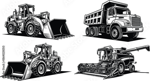 Set of black and white vector illustrations featuring heavy construction machinery, dump truck, wheel loader, and combine harvester isolated on white
