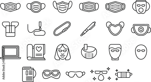 Collection of medical and personal care icons in line art style mask face mask