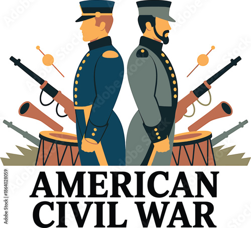 Union and Confederate soldiers back to back with drums and rifles for Civil War american civil war military
