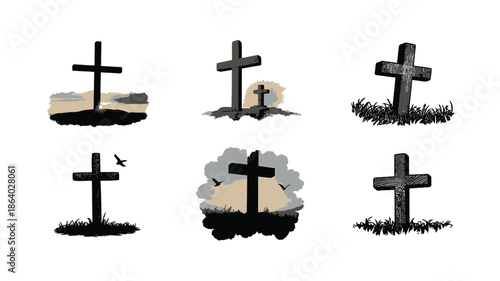 A collection of various Christian cross designs silhouetted against skies and ground for spiritual themes