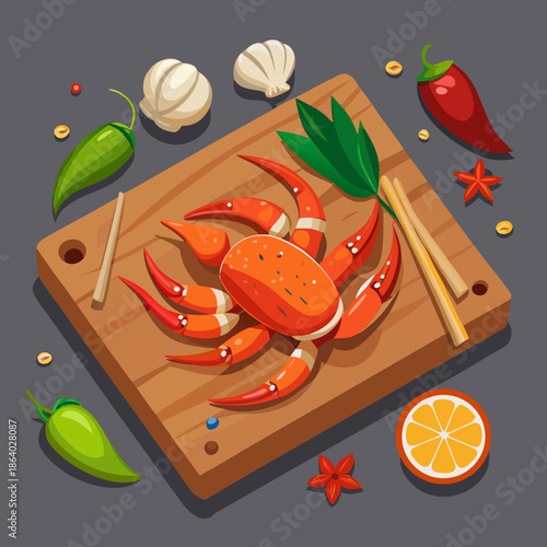 Wooden board with tasty crab sticks and different spices on grey background.