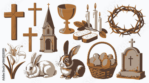A comprehensive collection of traditional Christian Easter symbols and elements displayed together on a white background