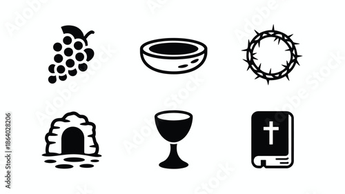 A set of six monochrome religious icons representing key symbols of Christian faith