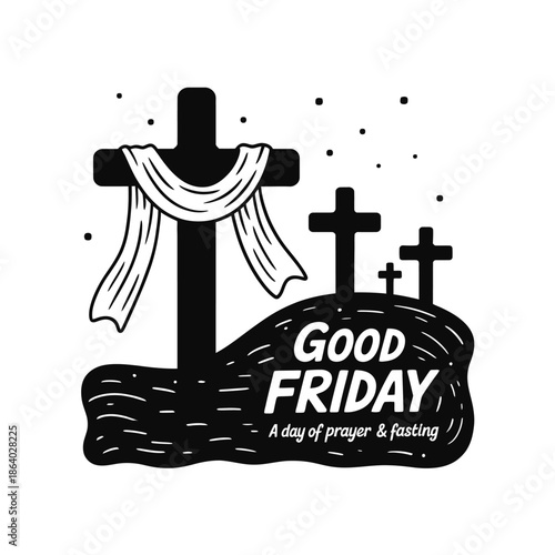 A solemn Good Friday illustration featuring a large cross draped with cloth and smaller crosses