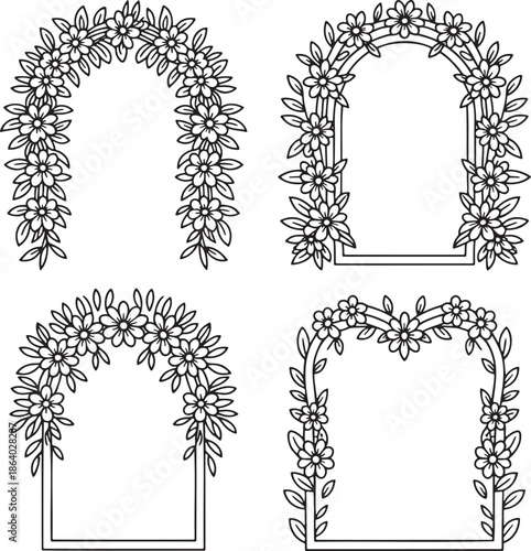 Set of Floral archways Outline vector illustration isolated On Transparent Background