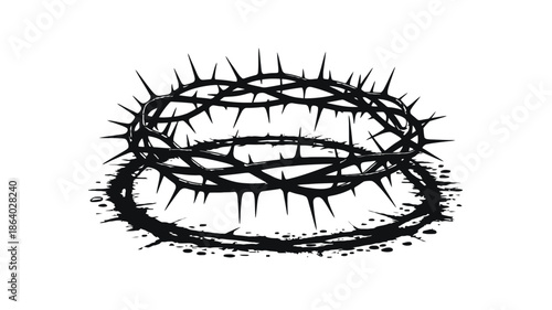 A stark black crown of thorns with textured shadow and splatter effect on a clean white surface