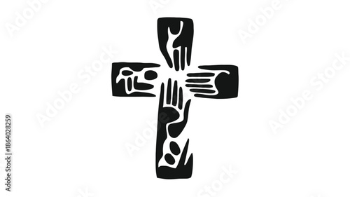 A unique cross symbol formed by many interlocked human hands on a clean white background