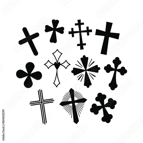 An assortment of various black Christian cross shapes and styles on a clean white background