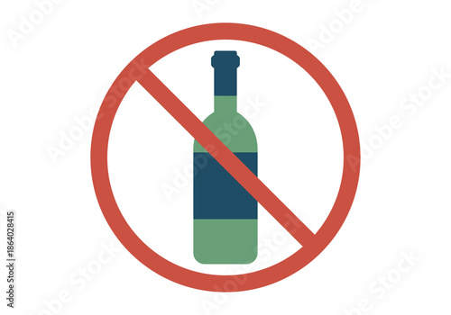 Botella de alcohol tachada con un círculo rojo de prohibición para campañas de salud 
