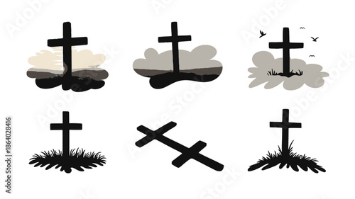 Assortment of six Christian cross symbols, including an Orthodox cross, set against natural backdrops