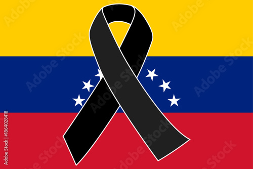 Lazo negro de luto sobre la bandera nacional de venezuela para expresar duelo y respeto