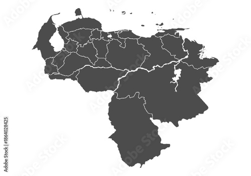 Mapa de venezuela en color gris con divisiones territoriales de sus estados sobre fondo blanco