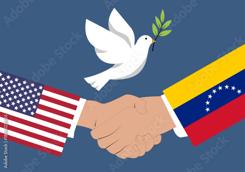 Apretón de manos diplomático entre estados unidos de américa y venezuela con una paloma de la paz para simbolizar relaciones bilaterales