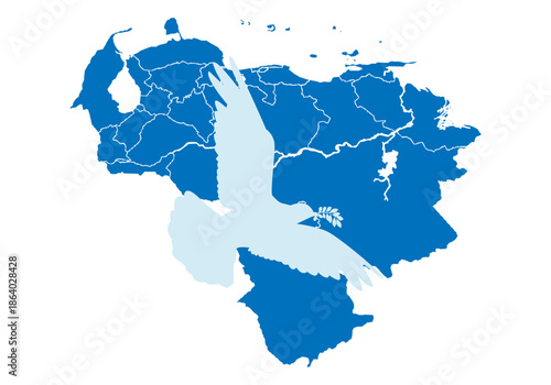 Mapa de venezuela en color azul con la silueta de una paloma blanca para representar la paz nacional