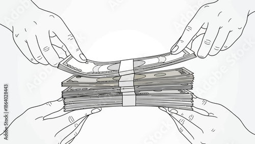 Hands exchanging money stacks in a financial transaction.
