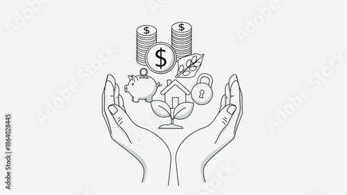 Hands holding financial and home security symbols for investment and protection.