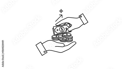 Hand giving money and coins to another hand illustration.