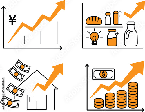 Financial growth charts with currency symbols and goods icons finance graph