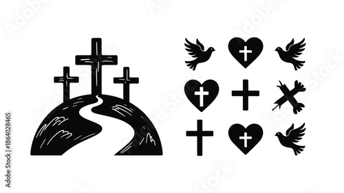 Black silhouette illustrations depicting crosses on a hill with a path and various Christian symbols