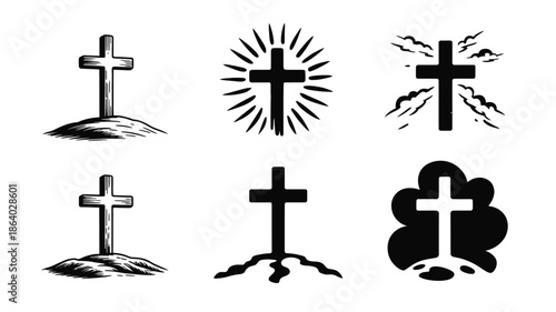 Collection of stylized black cross symbols with various designs some radiating on white