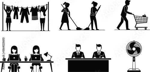Set of black vector pictograms showing daily activities like laundry, cleaning, shopping, office work, and electric fan isolated on white